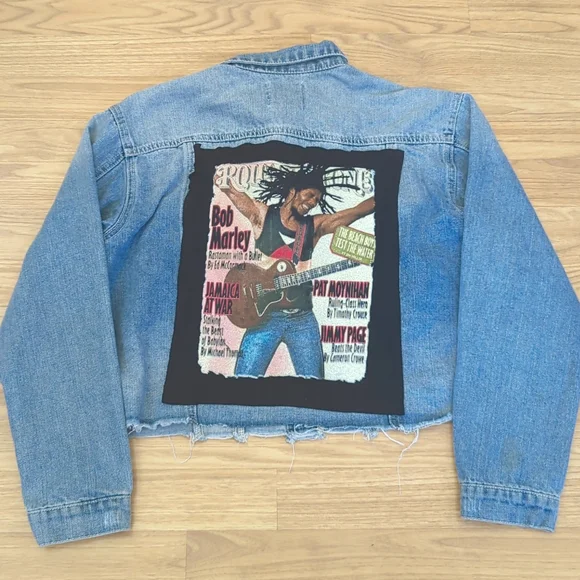 Bob Marley Frayed  Jean Jacket upcycled one of a kind Small - Picture 2 of 5